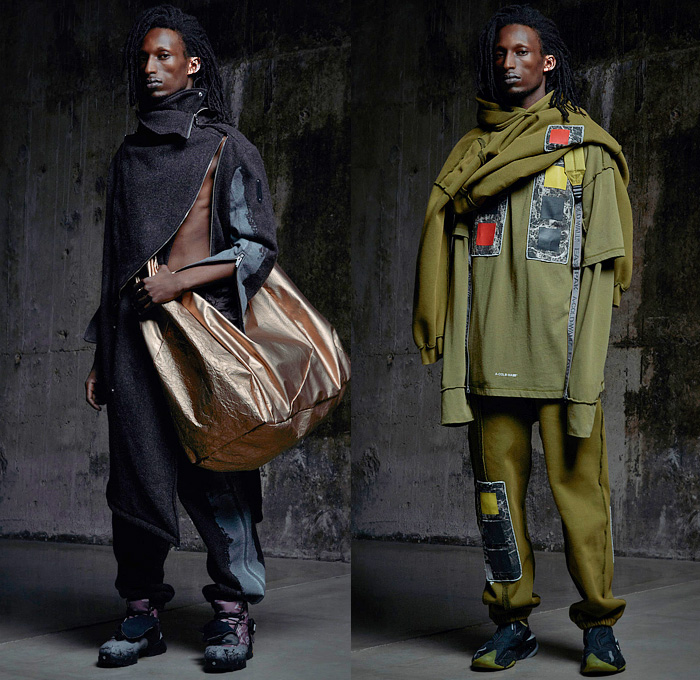 A-Cold-Wall 2022-2023 Fall Autumn Winter Mens Lookbook Presentation - Milano Moda Uomo Milan Fashion Week Mens - Brittle Render Sequenced Thought - Mesh Mask Hood Patchwork Anorak Cagoule Windbreaker Grunge Abstract Denim Jeans Vest Tied Knot Deconstructed Quilted Puffer Copper Coil Sweatshirt Patches Military Aviator Jacket Coat Cinch Tapered Wide Leg Baggy Pants Pockets  Silver Red Paint Boots High-Tops Tote Handbag