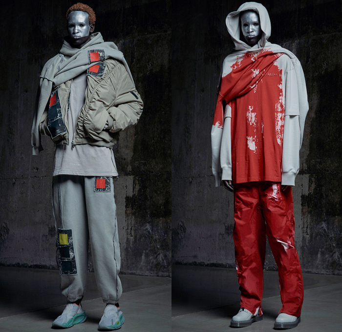 A-Cold-Wall 2022-2023 Fall Autumn Winter Mens Lookbook Presentation - Milano Moda Uomo Milan Fashion Week Mens - Brittle Render Sequenced Thought - Mesh Mask Hood Patchwork Anorak Cagoule Windbreaker Grunge Abstract Denim Jeans Vest Tied Knot Deconstructed Quilted Puffer Copper Coil Sweatshirt Patches Military Aviator Jacket Coat Cinch Tapered Wide Leg Baggy Pants Pockets  Silver Red Paint Boots High-Tops Tote Handbag