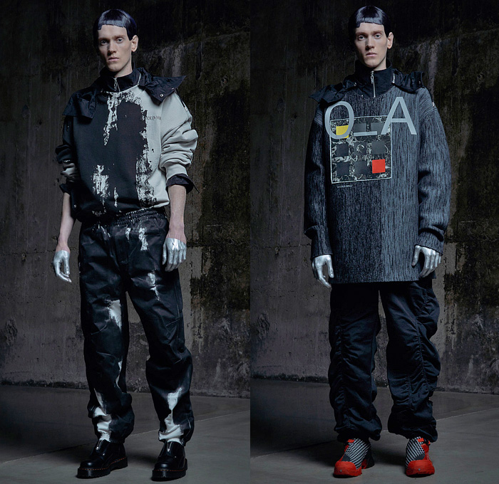 A-Cold-Wall 2022-2023 Fall Autumn Winter Mens Lookbook Presentation - Milano Moda Uomo Milan Fashion Week Mens - Brittle Render Sequenced Thought - Mesh Mask Hood Patchwork Anorak Cagoule Windbreaker Grunge Abstract Denim Jeans Vest Tied Knot Deconstructed Quilted Puffer Copper Coil Sweatshirt Patches Military Aviator Jacket Coat Cinch Tapered Wide Leg Baggy Pants Pockets  Silver Red Paint Boots High-Tops Tote Handbag