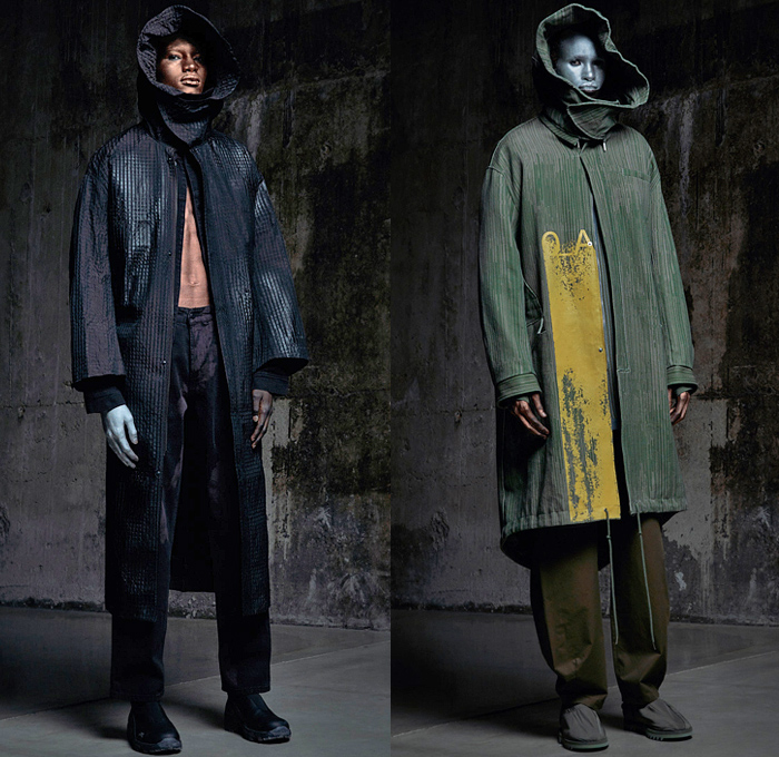 A-Cold-Wall 2022-2023 Fall Autumn Winter Mens Lookbook Presentation - Milano Moda Uomo Milan Fashion Week Mens - Brittle Render Sequenced Thought - Mesh Mask Hood Patchwork Anorak Cagoule Windbreaker Grunge Abstract Denim Jeans Vest Tied Knot Deconstructed Quilted Puffer Copper Coil Sweatshirt Patches Military Aviator Jacket Coat Cinch Tapered Wide Leg Baggy Pants Pockets  Silver Red Paint Boots High-Tops Tote Handbag