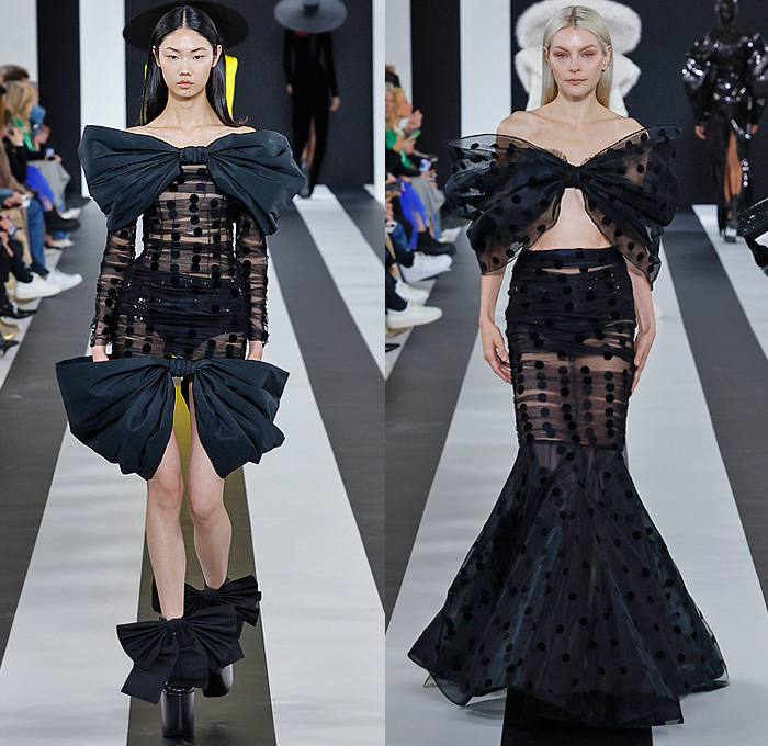 Nina Ricci 2023-2024 Fall Autumn Winter Womens Runway Collection - Paris Fashion Week Femme PFW - Harris Reed - Wide Brim Hat Denim Jeans Faded Wide Leg Giant Bow Strapless Crop Top Midriff Sheer Tulle Polka Dots Dress Gown Onesie Unitard Jumpsuit Bedazzled Sequins Lace Embroidery Swimsuit Tiered Ruffles Cape Train Coat Hotpants Pantsuit Baby Lamb Sheep Leggings Tights One Shoulder Fur Leg O'Mutton Poufy Butterfly Shoulders Voluminous Feathers Bell Hem Doves Platform Elevator Shoes