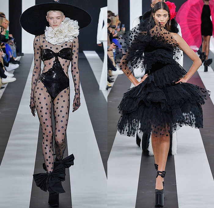 Nina Ricci 2023-2024 Fall Autumn Winter Womens Runway Collection - Paris Fashion Week Femme PFW - Harris Reed - Wide Brim Hat Denim Jeans Faded Wide Leg Giant Bow Strapless Crop Top Midriff Sheer Tulle Polka Dots Dress Gown Onesie Unitard Jumpsuit Bedazzled Sequins Lace Embroidery Swimsuit Tiered Ruffles Cape Train Coat Hotpants Pantsuit Baby Lamb Sheep Leggings Tights One Shoulder Fur Leg O'Mutton Poufy Butterfly Shoulders Voluminous Feathers Bell Hem Doves Platform Elevator Shoes