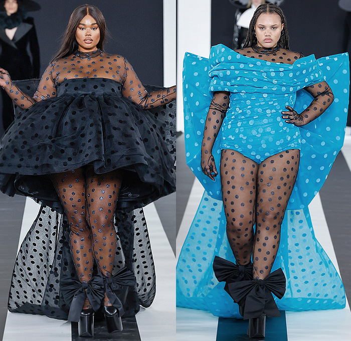 Nina Ricci 2023-2024 Fall Autumn Winter Womens Runway Collection - Paris Fashion Week Femme PFW - Harris Reed - Wide Brim Hat Denim Jeans Faded Wide Leg Giant Bow Strapless Crop Top Midriff Sheer Tulle Polka Dots Dress Gown Onesie Unitard Jumpsuit Bedazzled Sequins Lace Embroidery Swimsuit Tiered Ruffles Cape Train Coat Hotpants Pantsuit Baby Lamb Sheep Leggings Tights One Shoulder Fur Leg O'Mutton Poufy Butterfly Shoulders Voluminous Feathers Bell Hem Doves Platform Elevator Shoes