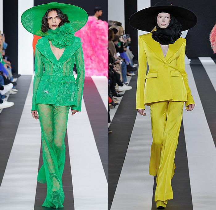 Nina Ricci 2023-2024 Fall Autumn Winter Womens Runway Collection - Paris Fashion Week Femme PFW - Harris Reed - Wide Brim Hat Denim Jeans Faded Wide Leg Giant Bow Strapless Crop Top Midriff Sheer Tulle Polka Dots Dress Gown Onesie Unitard Jumpsuit Bedazzled Sequins Lace Embroidery Swimsuit Tiered Ruffles Cape Train Coat Hotpants Pantsuit Baby Lamb Sheep Leggings Tights One Shoulder Fur Leg O'Mutton Poufy Butterfly Shoulders Voluminous Feathers Bell Hem Doves Platform Elevator Shoes