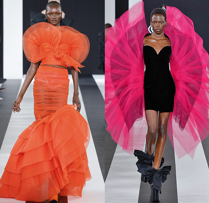 Nina Ricci 2023-2024 Fall Autumn Winter Womens Runway Collection - Paris Fashion Week Femme PFW - Harris Reed - Wide Brim Hat Denim Jeans Faded Wide Leg Giant Bow Strapless Crop Top Midriff Sheer Tulle Polka Dots Dress Gown Onesie Unitard Jumpsuit Bedazzled Sequins Lace Embroidery Swimsuit Tiered Ruffles Cape Train Coat Hotpants Pantsuit Baby Lamb Sheep Leggings Tights One Shoulder Fur Leg O'Mutton Poufy Butterfly Shoulders Voluminous Feathers Bell Hem Doves Platform Elevator Shoes