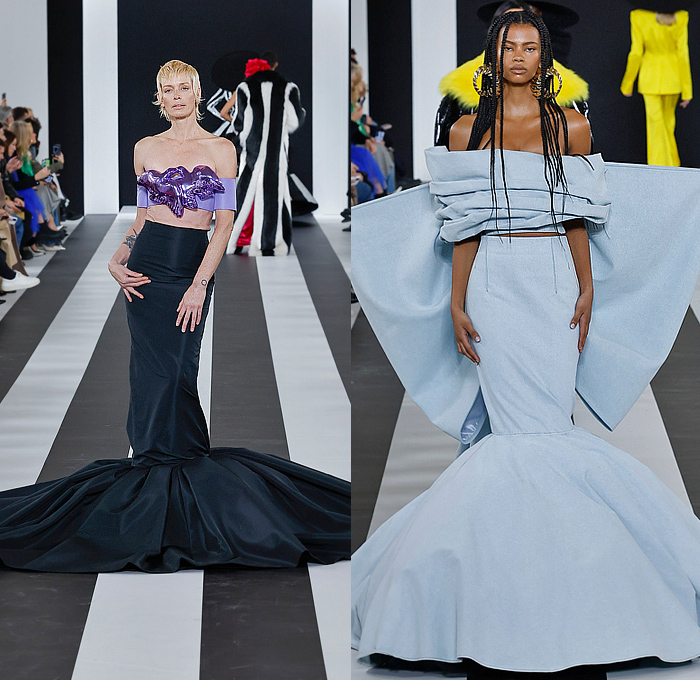 Nina Ricci 2023-2024 Fall Autumn Winter Womens Runway Collection - Paris Fashion Week Femme PFW - Harris Reed - Wide Brim Hat Denim Jeans Faded Wide Leg Giant Bow Strapless Crop Top Midriff Sheer Tulle Polka Dots Dress Gown Onesie Unitard Jumpsuit Bedazzled Sequins Lace Embroidery Swimsuit Tiered Ruffles Cape Train Coat Hotpants Pantsuit Baby Lamb Sheep Leggings Tights One Shoulder Fur Leg O'Mutton Poufy Butterfly Shoulders Voluminous Feathers Bell Hem Doves Platform Elevator Shoes