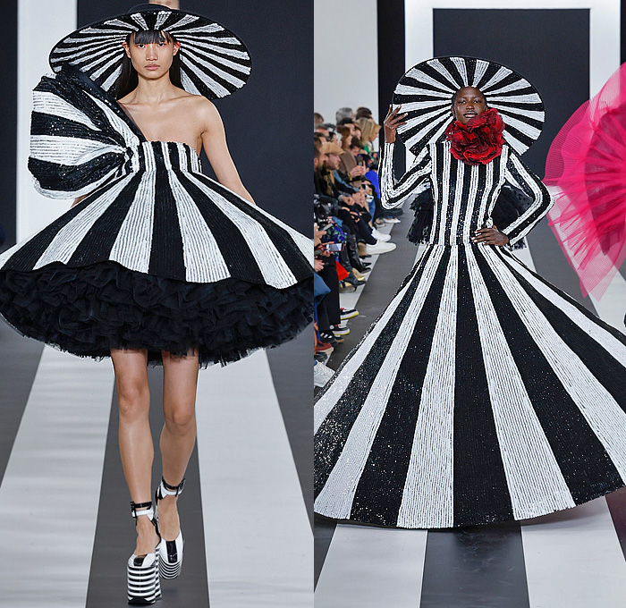 Nina Ricci 2023-2024 Fall Autumn Winter Womens Runway Collection - Paris Fashion Week Femme PFW - Harris Reed - Wide Brim Hat Denim Jeans Faded Wide Leg Giant Bow Strapless Crop Top Midriff Sheer Tulle Polka Dots Dress Gown Onesie Unitard Jumpsuit Bedazzled Sequins Lace Embroidery Swimsuit Tiered Ruffles Cape Train Coat Hotpants Pantsuit Baby Lamb Sheep Leggings Tights One Shoulder Fur Leg O'Mutton Poufy Butterfly Shoulders Voluminous Feathers Bell Hem Doves Platform Elevator Shoes