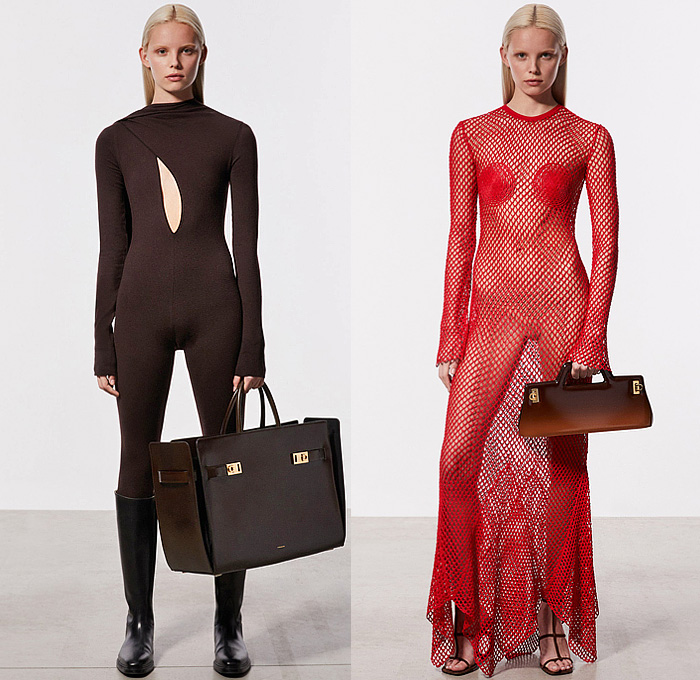 Salvatore Ferragamo 2023 Pre-Fall Autumn Womens Looks - Onesie Catsuit Jumpsuit Unitard Cutout Slashed Knit Mesh Wrap Leaves Foliage Dress Scarf Plaid Check Sleeveless Draped Strapless Open Shoulders Gown Eveningwear Low-Neck Blazer Jacket Pantsuit Leather Midi Skirt Denim Jeans Watercolor Tiles Bikini Outerwear Coat Fur Tote Handbag Boots