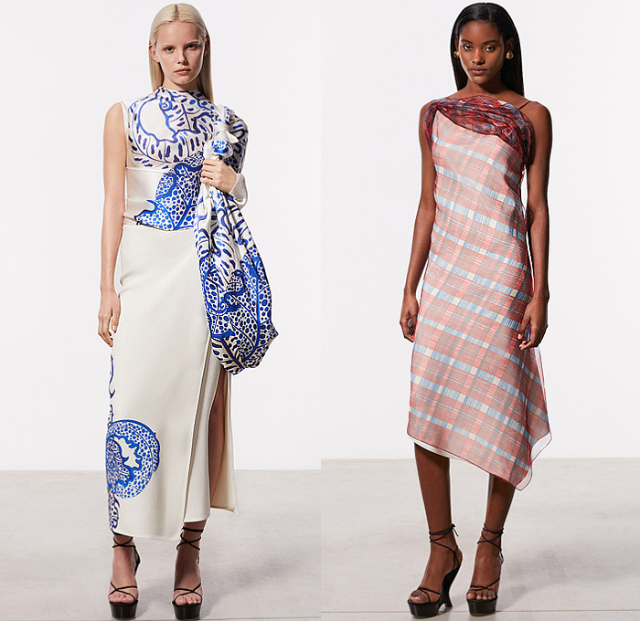 Salvatore Ferragamo 2023 Pre-Fall Autumn Womens Looks - Onesie Catsuit Jumpsuit Unitard Cutout Slashed Knit Mesh Wrap Leaves Foliage Dress Scarf Plaid Check Sleeveless Draped Strapless Open Shoulders Gown Eveningwear Low-Neck Blazer Jacket Pantsuit Leather Midi Skirt Denim Jeans Watercolor Tiles Bikini Outerwear Coat Fur Tote Handbag Boots