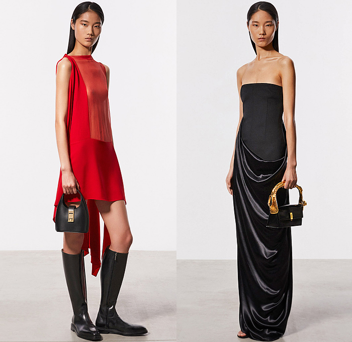 Salvatore Ferragamo 2023 Pre-Fall Autumn Womens Looks - Onesie Catsuit Jumpsuit Unitard Cutout Slashed Knit Mesh Wrap Leaves Foliage Dress Scarf Plaid Check Sleeveless Draped Strapless Open Shoulders Gown Eveningwear Low-Neck Blazer Jacket Pantsuit Leather Midi Skirt Denim Jeans Watercolor Tiles Bikini Outerwear Coat Fur Tote Handbag Boots