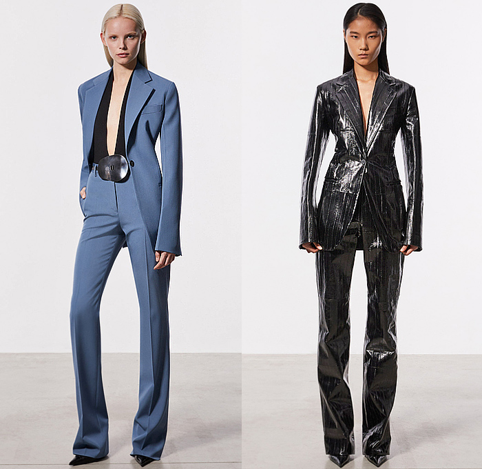 Salvatore Ferragamo 2023 Pre-Fall Autumn Womens Looks - Onesie Catsuit Jumpsuit Unitard Cutout Slashed Knit Mesh Wrap Leaves Foliage Dress Scarf Plaid Check Sleeveless Draped Strapless Open Shoulders Gown Eveningwear Low-Neck Blazer Jacket Pantsuit Leather Midi Skirt Denim Jeans Watercolor Tiles Bikini Outerwear Coat Fur Tote Handbag Boots