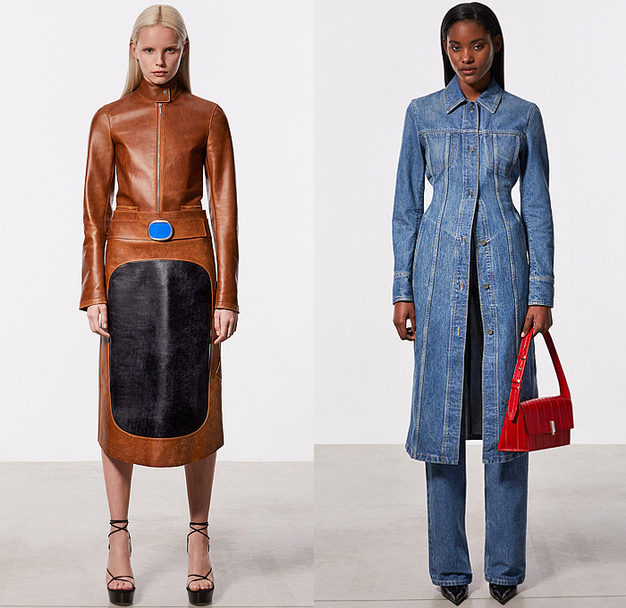 Salvatore Ferragamo 2023 Pre-Fall Autumn Womens Looks - Onesie Catsuit Jumpsuit Unitard Cutout Slashed Knit Mesh Wrap Leaves Foliage Dress Scarf Plaid Check Sleeveless Draped Strapless Open Shoulders Gown Eveningwear Low-Neck Blazer Jacket Pantsuit Leather Midi Skirt Denim Jeans Watercolor Tiles Bikini Outerwear Coat Fur Tote Handbag Boots