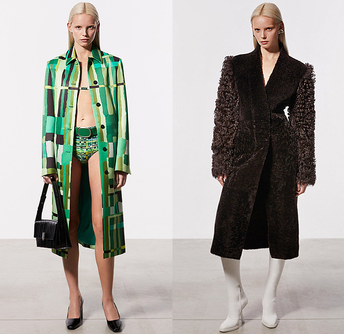 Salvatore Ferragamo 2023 Pre-Fall Autumn Womens Looks - Onesie Catsuit Jumpsuit Unitard Cutout Slashed Knit Mesh Wrap Leaves Foliage Dress Scarf Plaid Check Sleeveless Draped Strapless Open Shoulders Gown Eveningwear Low-Neck Blazer Jacket Pantsuit Leather Midi Skirt Denim Jeans Watercolor Tiles Bikini Outerwear Coat Fur Tote Handbag Boots