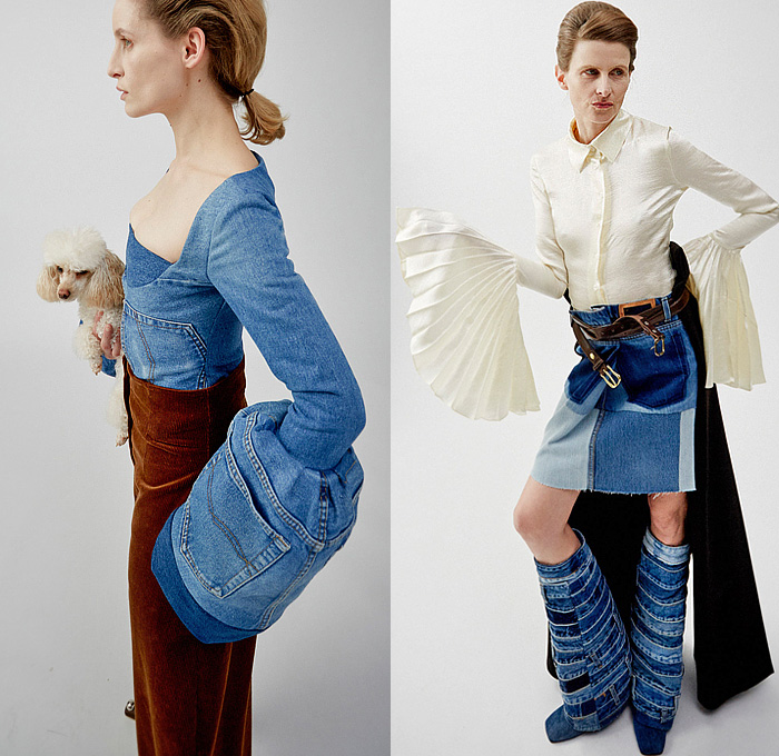 A.W.A.K.E. Mode 2024-2025 Fall Autumn Winter Womens Lookbook - Deconstructed Denim Jeans Blouse Wide Sleeves Bell Hem Accordion Pleats Utility Pockets Patchwork Cargo Pants Corduroy Metal Ball Bearings Studs Miniskirt Knit Funnelneck Sweater Button Snaps Reverse Trench Coat Quilted Puffer Sofa Poncho Fringes Hotpants Wide Leg Strings Plaid Check Cutout Turtleneck Flare Fur Sheer Tulle Poufy Shoulders Retro Pointed Collar One Shoulder Stripes Thigh High Boots Handbag