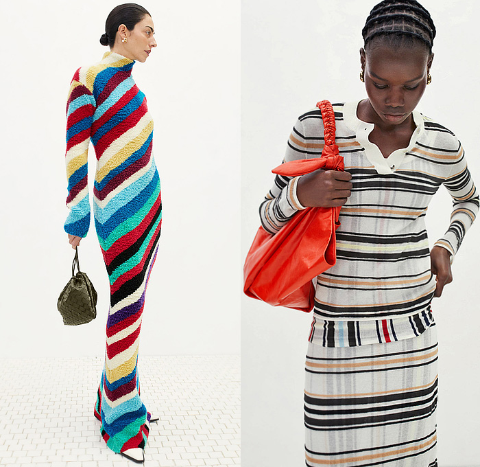 Bottega Veneta 2024 Pre-Fall Autumn Womens Lookbook - Stripes Knit Weave Sweater Jumper Dress Turtleneck Long Sleeve Blouse Denim Jeans Poodle Skirt Wide Leg Poncho Leopard Cheetah Ruffles Pantsuit Blazer Tuxedo Jacket Herringbone Check Skirt Asymmetrical Cinch Pleats Hole Ring Lace Embroidery Mesh Sweaterdress Onesie Overcoat Pea Coat Fur Plush Bandanna Bandana Bag Trompe L'oeil Petals Scales Pencil Skirt Basketweave Intrecciato Handbag Tote Boots Snakeskin Wrapped Sockboot