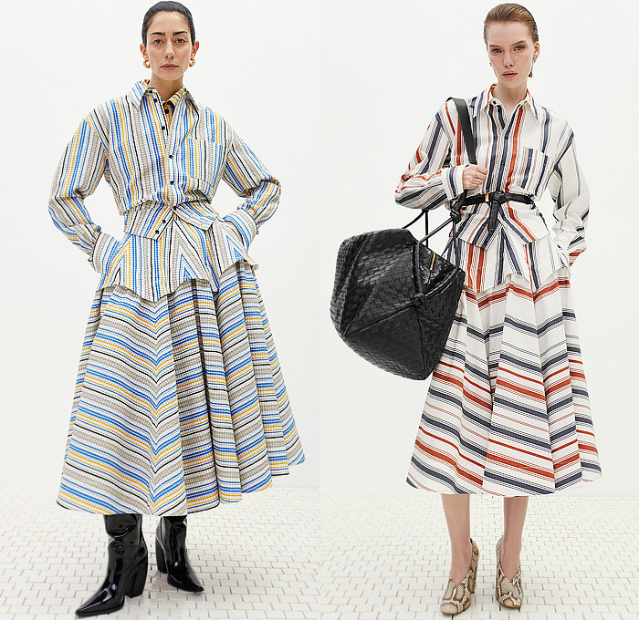 Bottega Veneta 2024 Pre-Fall Autumn Womens Lookbook - Stripes Knit Weave Sweater Jumper Dress Turtleneck Long Sleeve Blouse Denim Jeans Poodle Skirt Wide Leg Poncho Leopard Cheetah Ruffles Pantsuit Blazer Tuxedo Jacket Herringbone Check Skirt Asymmetrical Cinch Pleats Hole Ring Lace Embroidery Mesh Sweaterdress Onesie Overcoat Pea Coat Fur Plush Bandanna Bandana Bag Trompe L'oeil Petals Scales Pencil Skirt Basketweave Intrecciato Handbag Tote Boots Snakeskin Wrapped Sockboot