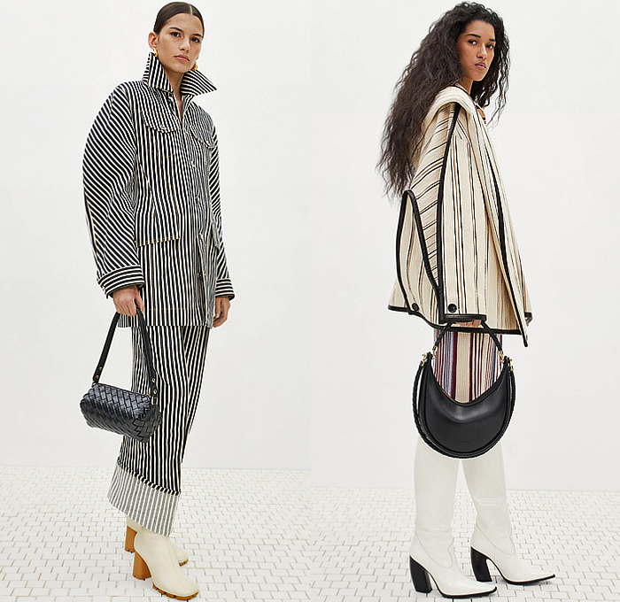 Bottega Veneta 2024 Pre-Fall Autumn Womens Lookbook - Stripes Knit Weave Sweater Jumper Dress Turtleneck Long Sleeve Blouse Denim Jeans Poodle Skirt Wide Leg Poncho Leopard Cheetah Ruffles Pantsuit Blazer Tuxedo Jacket Herringbone Check Skirt Asymmetrical Cinch Pleats Hole Ring Lace Embroidery Mesh Sweaterdress Onesie Overcoat Pea Coat Fur Plush Bandanna Bandana Bag Trompe L'oeil Petals Scales Pencil Skirt Basketweave Intrecciato Handbag Tote Boots Snakeskin Wrapped Sockboot