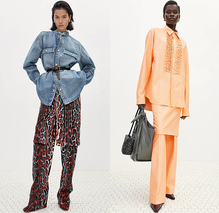 Bottega Veneta 2024 Pre-Fall Autumn Womens Lookbook - Stripes Knit Weave Sweater Jumper Dress Turtleneck Long Sleeve Blouse Denim Jeans Poodle Skirt Wide Leg Poncho Leopard Cheetah Ruffles Pantsuit Blazer Tuxedo Jacket Herringbone Check Skirt Asymmetrical Cinch Pleats Hole Ring Lace Embroidery Mesh Sweaterdress Onesie Overcoat Pea Coat Fur Plush Bandanna Bandana Bag Trompe L'oeil Petals Scales Pencil Skirt Basketweave Intrecciato Handbag Tote Boots Snakeskin Wrapped Sockboot