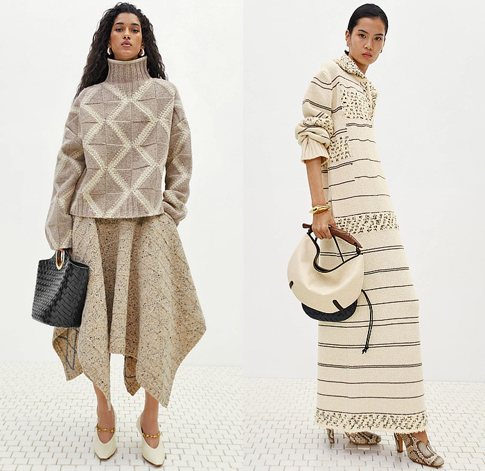 Bottega Veneta 2024 Pre-Fall Autumn Womens Lookbook - Stripes Knit Weave Sweater Jumper Dress Turtleneck Long Sleeve Blouse Denim Jeans Poodle Skirt Wide Leg Poncho Leopard Cheetah Ruffles Pantsuit Blazer Tuxedo Jacket Herringbone Check Skirt Asymmetrical Cinch Pleats Hole Ring Lace Embroidery Mesh Sweaterdress Onesie Overcoat Pea Coat Fur Plush Bandanna Bandana Bag Trompe L'oeil Petals Scales Pencil Skirt Basketweave Intrecciato Handbag Tote Boots Snakeskin Wrapped Sockboot