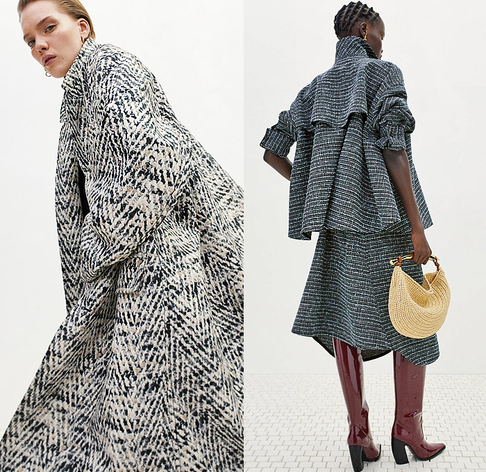 Bottega Veneta 2024 Pre-Fall Autumn Womens Lookbook - Stripes Knit Weave Sweater Jumper Dress Turtleneck Long Sleeve Blouse Denim Jeans Poodle Skirt Wide Leg Poncho Leopard Cheetah Ruffles Pantsuit Blazer Tuxedo Jacket Herringbone Check Skirt Asymmetrical Cinch Pleats Hole Ring Lace Embroidery Mesh Sweaterdress Onesie Overcoat Pea Coat Fur Plush Bandanna Bandana Bag Trompe L'oeil Petals Scales Pencil Skirt Basketweave Intrecciato Handbag Tote Boots Snakeskin Wrapped Sockboot