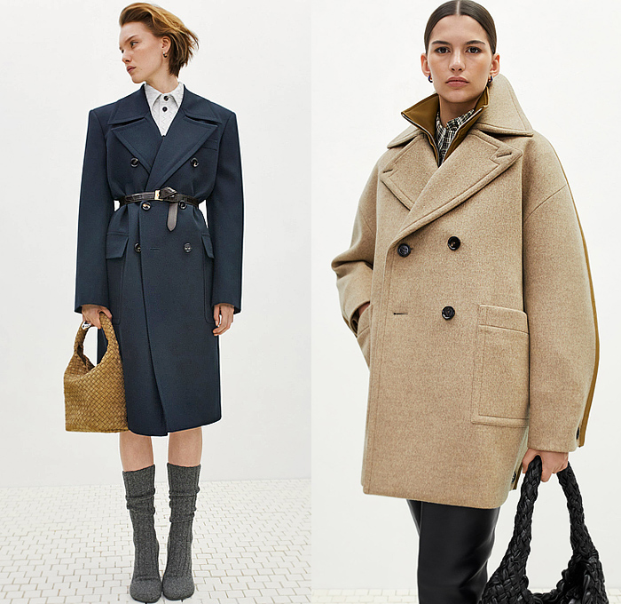 Bottega Veneta 2024 Pre-Fall Autumn Womens Lookbook - Stripes Knit Weave Sweater Jumper Dress Turtleneck Long Sleeve Blouse Denim Jeans Poodle Skirt Wide Leg Poncho Leopard Cheetah Ruffles Pantsuit Blazer Tuxedo Jacket Herringbone Check Skirt Asymmetrical Cinch Pleats Hole Ring Lace Embroidery Mesh Sweaterdress Onesie Overcoat Pea Coat Fur Plush Bandanna Bandana Bag Trompe L'oeil Petals Scales Pencil Skirt Basketweave Intrecciato Handbag Tote Boots Snakeskin Wrapped Sockboot