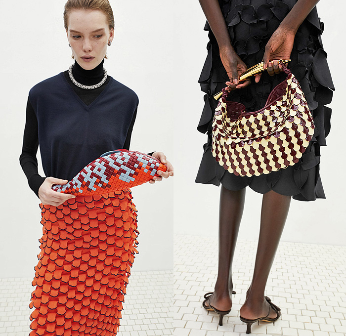 Bottega Veneta 2024 Pre-Fall Autumn Womens Lookbook - Stripes Knit Weave Sweater Jumper Dress Turtleneck Long Sleeve Blouse Denim Jeans Poodle Skirt Wide Leg Poncho Leopard Cheetah Ruffles Pantsuit Blazer Tuxedo Jacket Herringbone Check Skirt Asymmetrical Cinch Pleats Hole Ring Lace Embroidery Mesh Sweaterdress Onesie Overcoat Pea Coat Fur Plush Bandanna Bandana Bag Trompe L'oeil Petals Scales Pencil Skirt Basketweave Intrecciato Handbag Tote Boots Snakeskin Wrapped Sockboot