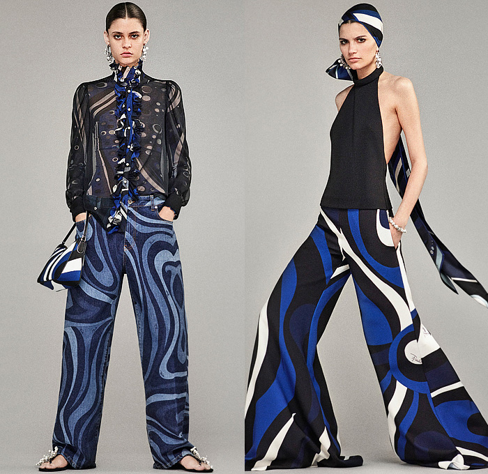 Emilio Pucci 2024-2025 Fall Autumn Winter Womens Lookbook - Marmo Print Denim Jeans Wide Leg Palazzo Pants Flare Sheer Organza Blouse Stripes Swirls Hearts Ruffles Halterneck Scarf Colorblock Leaves Ornamental Decorative Art Flowers Floral Tights Leggings Skirt Dress Puff Ball Balloon Shoulders Crop Top Midriff Knit Turtleneck Sweater Onesie Unitard Jumpsuit Pantsuit Blazer Pinstripe Tuxedo Coat Brocade Embroidery Patchwork Cape Poncho Handbag Sculpted Heels Biker Boots