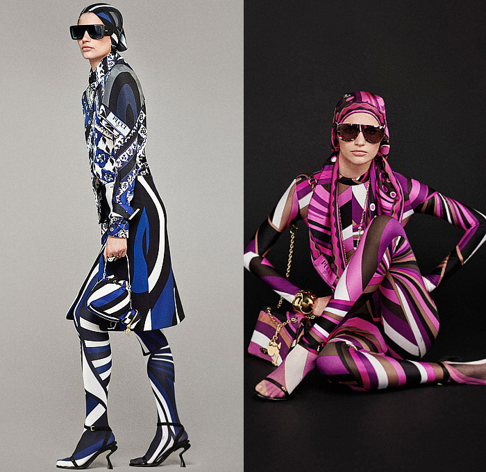 Emilio Pucci 2024-2025 Fall Autumn Winter Womens Lookbook - Marmo Print Denim Jeans Wide Leg Palazzo Pants Flare Sheer Organza Blouse Stripes Swirls Hearts Ruffles Halterneck Scarf Colorblock Leaves Ornamental Decorative Art Flowers Floral Tights Leggings Skirt Dress Puff Ball Balloon Shoulders Crop Top Midriff Knit Turtleneck Sweater Onesie Unitard Jumpsuit Pantsuit Blazer Pinstripe Tuxedo Coat Brocade Embroidery Patchwork Cape Poncho Handbag Sculpted Heels Biker Boots