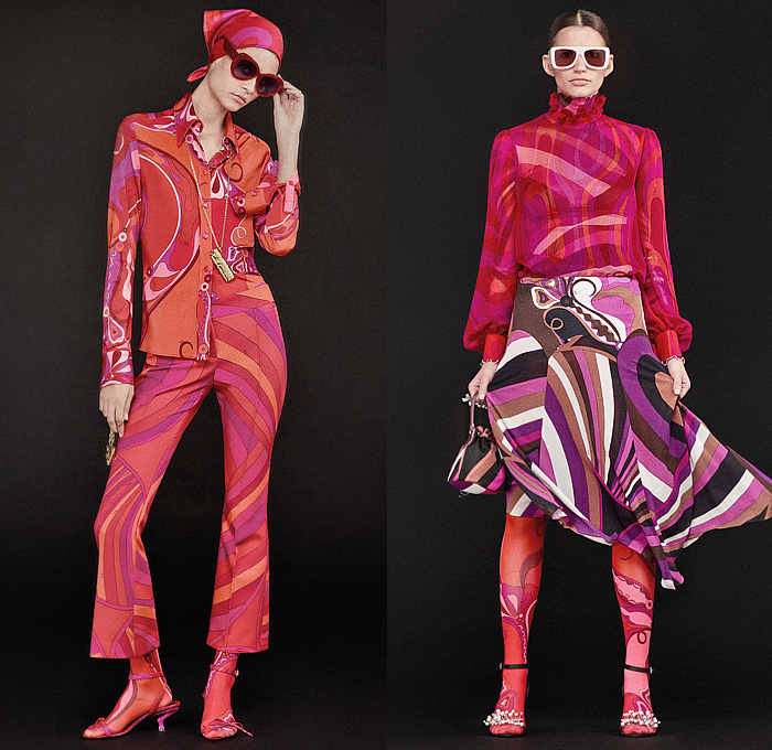 Emilio Pucci 2024-2025 Fall Autumn Winter Womens Lookbook - Marmo Print Denim Jeans Wide Leg Palazzo Pants Flare Sheer Organza Blouse Stripes Swirls Hearts Ruffles Halterneck Scarf Colorblock Leaves Ornamental Decorative Art Flowers Floral Tights Leggings Skirt Dress Puff Ball Balloon Shoulders Crop Top Midriff Knit Turtleneck Sweater Onesie Unitard Jumpsuit Pantsuit Blazer Pinstripe Tuxedo Coat Brocade Embroidery Patchwork Cape Poncho Handbag Sculpted Heels Biker Boots