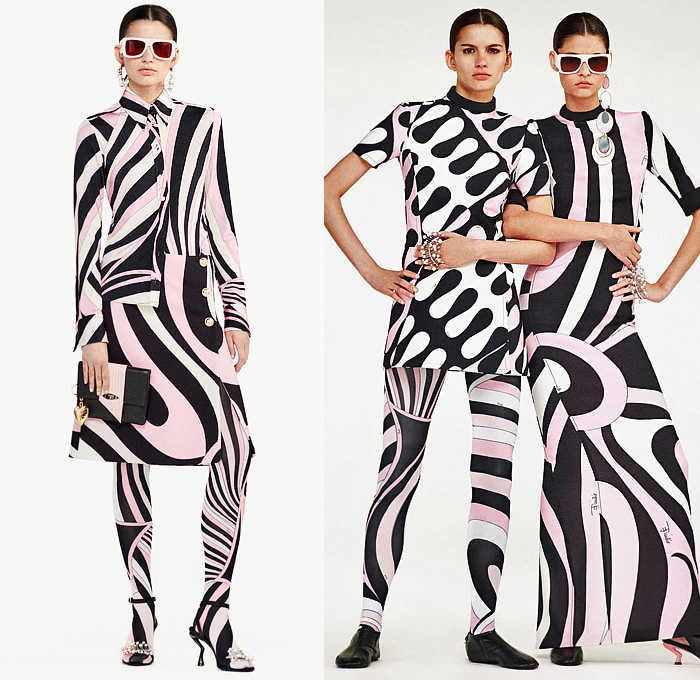 Emilio Pucci 2024-2025 Fall Autumn Winter Womens Lookbook - Marmo Print Denim Jeans Wide Leg Palazzo Pants Flare Sheer Organza Blouse Stripes Swirls Hearts Ruffles Halterneck Scarf Colorblock Leaves Ornamental Decorative Art Flowers Floral Tights Leggings Skirt Dress Puff Ball Balloon Shoulders Crop Top Midriff Knit Turtleneck Sweater Onesie Unitard Jumpsuit Pantsuit Blazer Pinstripe Tuxedo Coat Brocade Embroidery Patchwork Cape Poncho Handbag Sculpted Heels Biker Boots