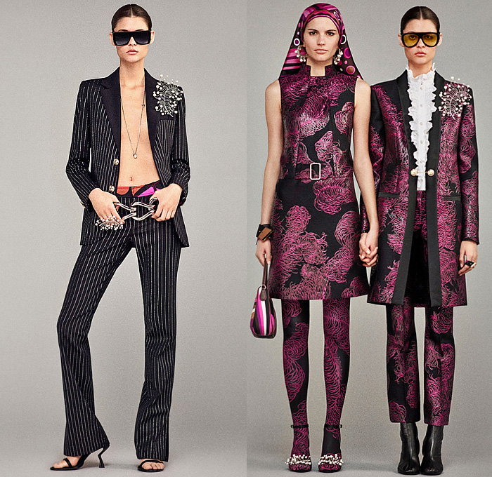 Emilio Pucci 2024-2025 Fall Autumn Winter Womens Lookbook - Marmo Print Denim Jeans Wide Leg Palazzo Pants Flare Sheer Organza Blouse Stripes Swirls Hearts Ruffles Halterneck Scarf Colorblock Leaves Ornamental Decorative Art Flowers Floral Tights Leggings Skirt Dress Puff Ball Balloon Shoulders Crop Top Midriff Knit Turtleneck Sweater Onesie Unitard Jumpsuit Pantsuit Blazer Pinstripe Tuxedo Coat Brocade Embroidery Patchwork Cape Poncho Handbag Sculpted Heels Biker Boots