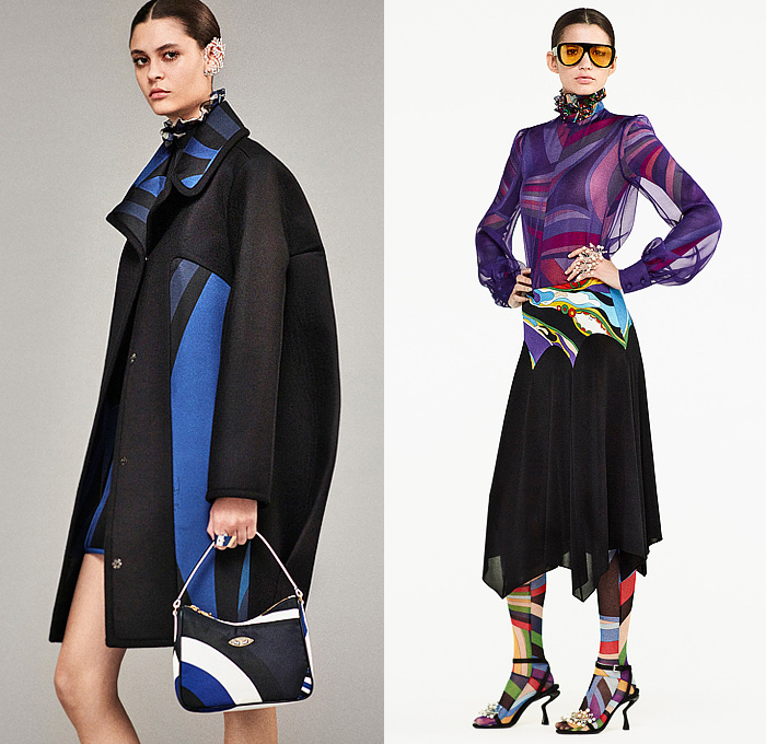 Emilio Pucci 2024-2025 Fall Autumn Winter Womens Lookbook - Marmo Print Denim Jeans Wide Leg Palazzo Pants Flare Sheer Organza Blouse Stripes Swirls Hearts Ruffles Halterneck Scarf Colorblock Leaves Ornamental Decorative Art Flowers Floral Tights Leggings Skirt Dress Puff Ball Balloon Shoulders Crop Top Midriff Knit Turtleneck Sweater Onesie Unitard Jumpsuit Pantsuit Blazer Pinstripe Tuxedo Coat Brocade Embroidery Patchwork Cape Poncho Handbag Sculpted Heels Biker Boots