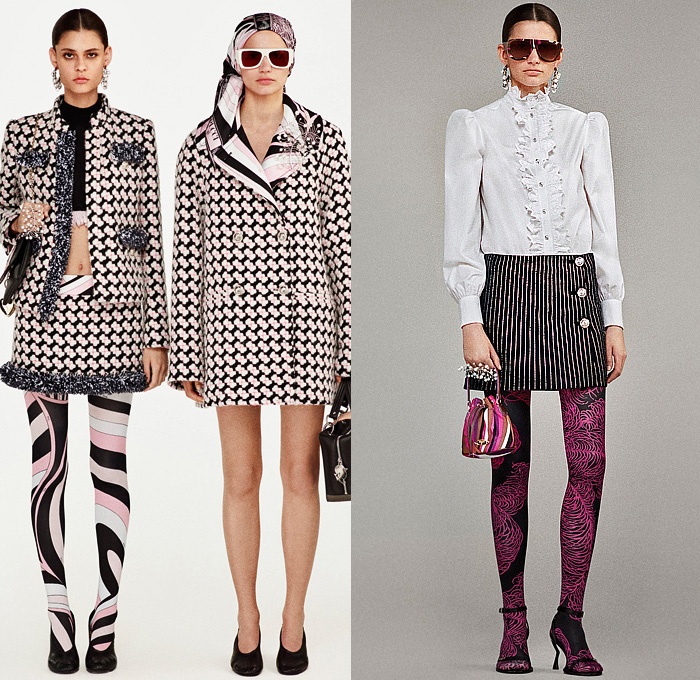 Emilio Pucci 2024-2025 Fall Autumn Winter Womens Lookbook - Marmo Print Denim Jeans Wide Leg Palazzo Pants Flare Sheer Organza Blouse Stripes Swirls Hearts Ruffles Halterneck Scarf Colorblock Leaves Ornamental Decorative Art Flowers Floral Tights Leggings Skirt Dress Puff Ball Balloon Shoulders Crop Top Midriff Knit Turtleneck Sweater Onesie Unitard Jumpsuit Pantsuit Blazer Pinstripe Tuxedo Coat Brocade Embroidery Patchwork Cape Poncho Handbag Sculpted Heels Biker Boots