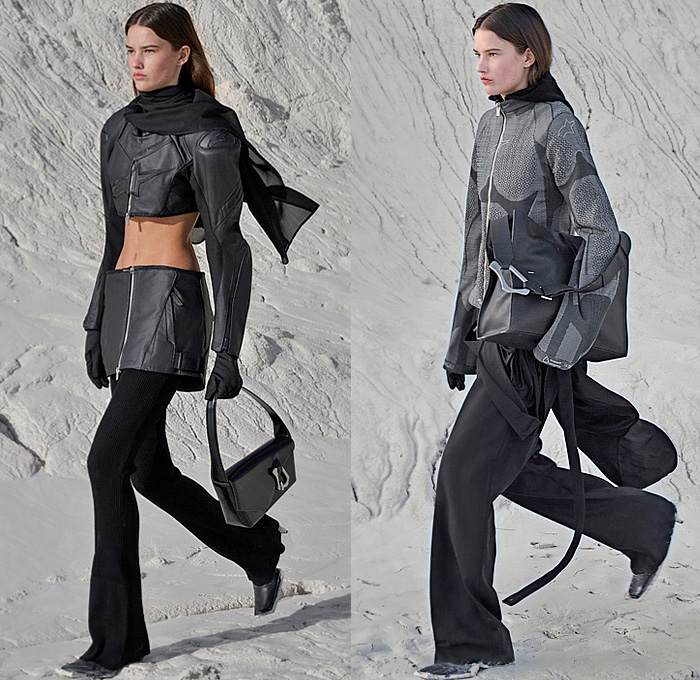 Heliot Emil 2024-2025 Fall Autumn Winter Womens Lookbook - Paris Fashion Week - Shelter - Alpinestars Tech-Air Motorcycle Biker Motocross Padded Sheer Organza Capelet Shawl Dress Draped Harness Straps Strings Bandage Hooks Knit Cutout Bikini Chaps Panels Wide Leg Palazzo Pants Technical Jacket Skirt Hood Balaclava Cardigan Sweater Pantsuit Blazer Crop Top Midriff Miniskirt Wool Tights Leggings Quilted Puffer Connective Down Jacket Abstracct Carabiner Handle Boots Luculent Tote Bag