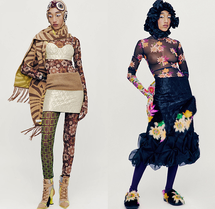 Shuting Qiu 2024-2025 Fall Autumn Winter Womens Lookbook Presentation - Eastern Rhapsody - Flowers Floral Embroidery Hood Knit Cardigan Scarf Bedazzled Sequins Beads Gemstones Quilted Puffer Trench Coat Crop Top Midriff Miniskirt Leggings Tights Sheer Tulle Fur Strapless Dress Geometric Fringes Blazer Satin Harlequin Check Halterneck Houndstooth Bubble Jacket Circles Patchwork Boots Opera Gloves Socks Sandals
