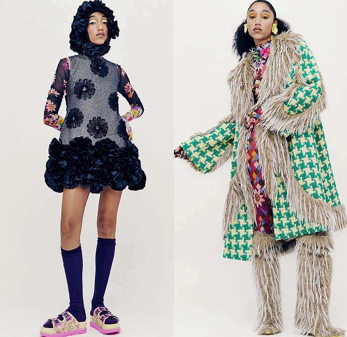 Shuting Qiu 2024-2025 Fall Autumn Winter Womens Lookbook Presentation - Eastern Rhapsody - Flowers Floral Embroidery Hood Knit Cardigan Scarf Bedazzled Sequins Beads Gemstones Quilted Puffer Trench Coat Crop Top Midriff Miniskirt Leggings Tights Sheer Tulle Fur Strapless Dress Geometric Fringes Blazer Satin Harlequin Check Halterneck Houndstooth Bubble Jacket Circles Patchwork Boots Opera Gloves Socks Sandals