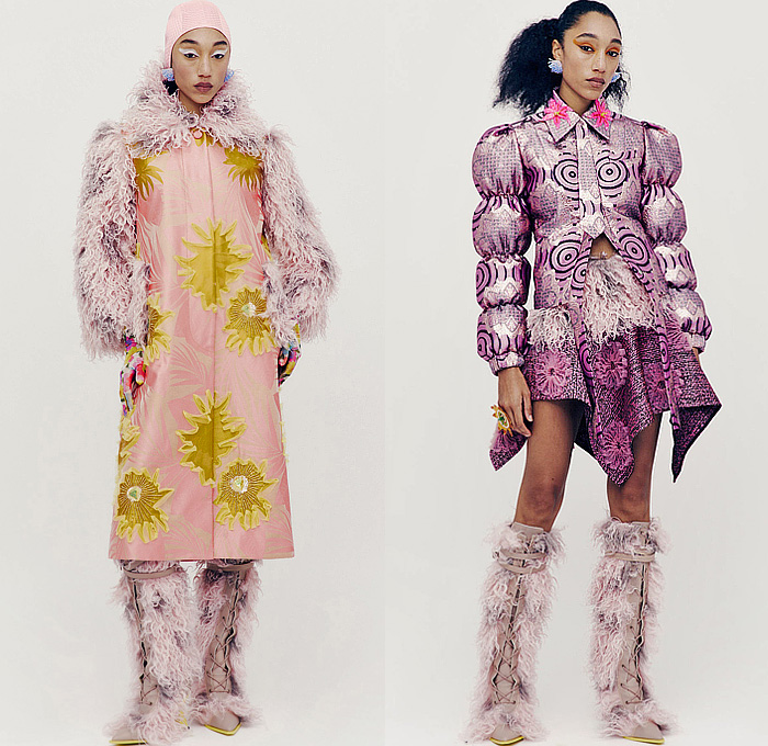 Shuting Qiu 2024-2025 Fall Autumn Winter Womens Lookbook Presentation - Eastern Rhapsody - Flowers Floral Embroidery Hood Knit Cardigan Scarf Bedazzled Sequins Beads Gemstones Quilted Puffer Trench Coat Crop Top Midriff Miniskirt Leggings Tights Sheer Tulle Fur Strapless Dress Geometric Fringes Blazer Satin Harlequin Check Halterneck Houndstooth Bubble Jacket Circles Patchwork Boots Opera Gloves Socks Sandals