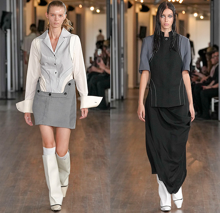 J E Cai 2024 Spring Summer Womens Runway Collection - London Fashion Week LFW - Algorithmic Modular System Interchangeable Components Base Layers Extra Components Fastening Mechanisms Zipper Buttons - Bandeau Peel Away Fold Over Miniskirt Midi Skirt Crop Top Midriff Shorts Culottes Patchwork Draped One Shoulder Blazer Jacket Blouse Long Cuffs Waistband Panel Sheer Tulle Tote Bag Pockets Boxy Boots