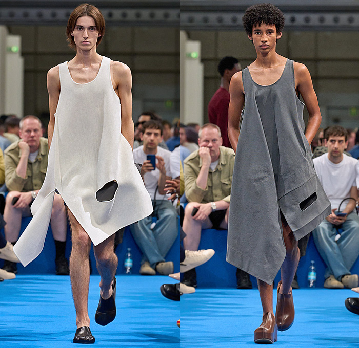 JW Anderson 2024 Spring Summer Mens Runway Collection Lookbook Presentation - Milano Moda Uomo Primavera Estate Milan Fashion Week Menswear - Knit Crochet Mesh Holes Sleeveless Vest Pompoms Sweater Plunging V-Neck Cutout Extra Hem Flap Shorts Fringes Pillows Pads Slouchy Wide Leg Pants Spots Polka Dots Shirt Sweatshirt Hoodie Draped Long Sleeve Tankdress Shirtdress Outerwear Coat Tote Handbag Loafers Espadrilles Clogs Duck Shoes