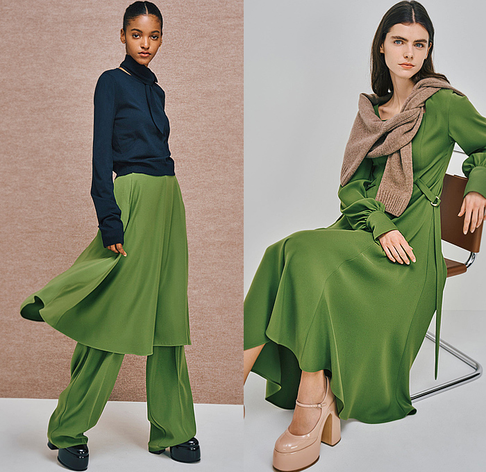 Adeam 2025-2026 Fall Autumn Winter Womens Lookbook Presentation - Knit Sweater Jumper Long Sleeve Blouse Gumdrop Green Girdle Strap Belt Shapewear Check Double Lapel Blazer Jacket School Girl Poodle Midi Skirt Asymmetrical Stripes Wide Sleeves Sheer Lace Embroidery Pantsuit Ruffles Blazerdress Gown Eveningwear Strapless Open Shoulders Dress Slouchy Tights Stockings Knee High Gaiters Wrapped Boots Platforms