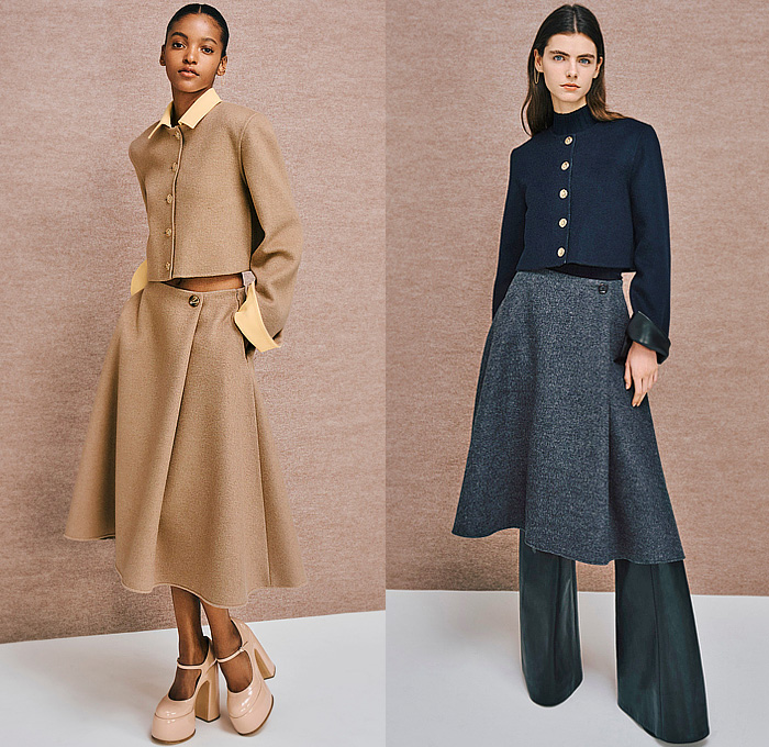 Adeam 2025-2026 Fall Autumn Winter Womens Lookbook Presentation - Knit Sweater Jumper Long Sleeve Blouse Gumdrop Green Girdle Strap Belt Shapewear Check Double Lapel Blazer Jacket School Girl Poodle Midi Skirt Asymmetrical Stripes Wide Sleeves Sheer Lace Embroidery Pantsuit Ruffles Blazerdress Gown Eveningwear Strapless Open Shoulders Dress Slouchy Tights Stockings Knee High Gaiters Wrapped Boots Platforms