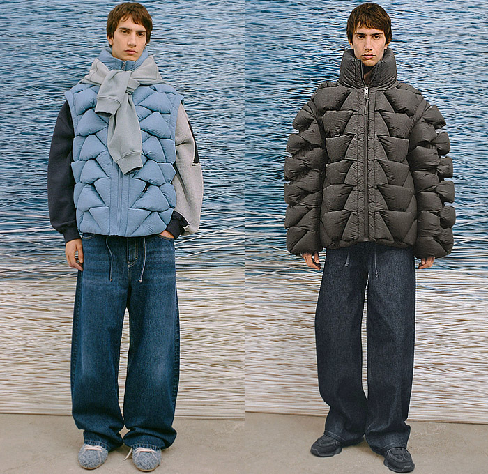 Axel Arigato 2025-2026 Fall Autumn Winter Mens Lookbook - Geometric Quilted Puffer Vest Outerwear Coat Sweater Jumper Knit Knitwear Wide Leg Baggy Loose Slouchy Denim Jeans Mesh Fishnet Net Varsity Jacket Holes Slashed Jogger Sweatpants Stripes Two-Tone Dipped