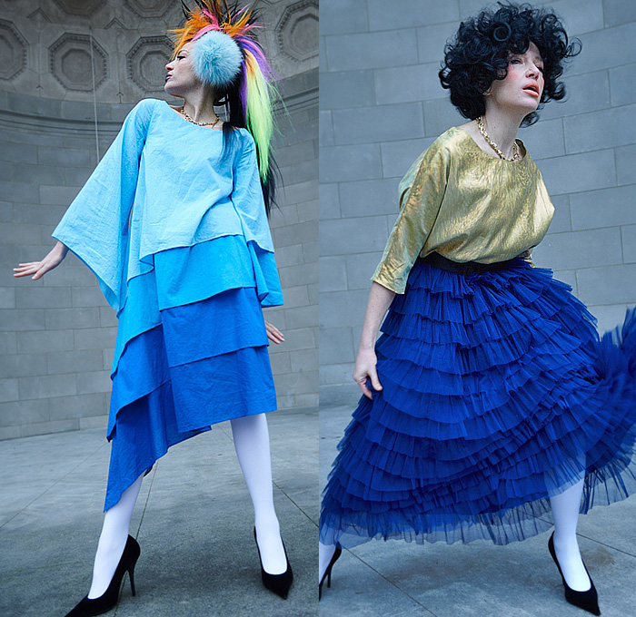 Batsheva 2025 Pre-Fall Autumn Womens Lookbook - Turtleneck Patchwork Quilted Pins Rags Tiered Shirtdress Asymmetrical Sheer Tulle Cuffs Bib Blouse Fishnet Ruffles Jagged Stripes Flowers Floral Slouchy Dress Petal Puffer Skirt Metallic Tights Leggings Cinch Culottes Pumps