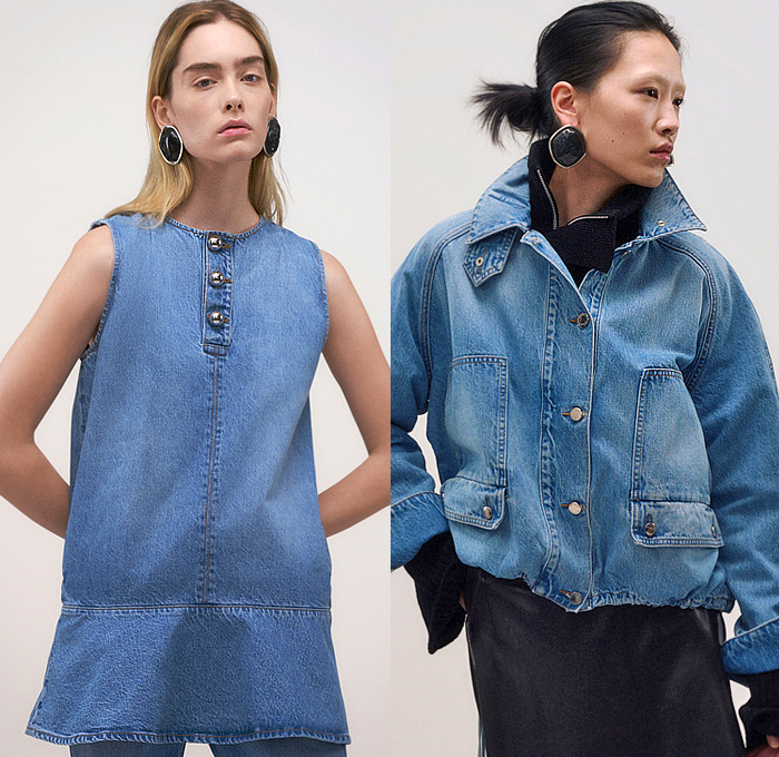 Brandon Maxwell 2025 Pre-Fall Autumn Womens Lookbook - Denim Jeans Motorcycle Biker Jacket Pockets Cinch Clip Pleats Clipped Wrinkles Sheer Blouse Skirt Midi Skirt Stripes Pinstripe Knit Sweater Jumper Turtleneck Noodle Strap One Shoulder Blazer Pantsuit Gradient Draped Neck Maxi Dress Slit Front Banded Collar