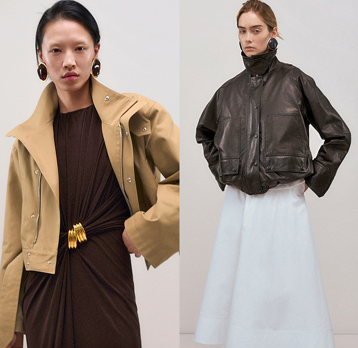 Brandon Maxwell 2025 Pre-Fall Autumn Womens Lookbook - Denim Jeans Motorcycle Biker Jacket Pockets Cinch Clip Pleats Clipped Wrinkles Sheer Blouse Skirt Midi Skirt Stripes Pinstripe Knit Sweater Jumper Turtleneck Noodle Strap One Shoulder Blazer Pantsuit Gradient Draped Neck Maxi Dress Slit Front Banded Collar