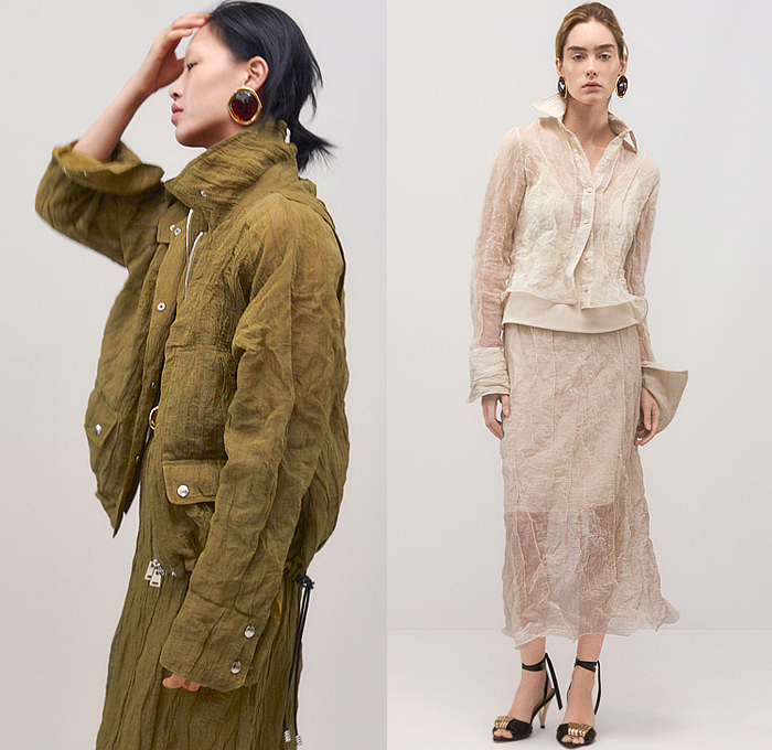 Brandon Maxwell 2025 Pre-Fall Autumn Womens Lookbook - Denim Jeans Motorcycle Biker Jacket Pockets Cinch Clip Pleats Clipped Wrinkles Sheer Blouse Skirt Midi Skirt Stripes Pinstripe Knit Sweater Jumper Turtleneck Noodle Strap One Shoulder Blazer Pantsuit Gradient Draped Neck Maxi Dress Slit Front Banded Collar