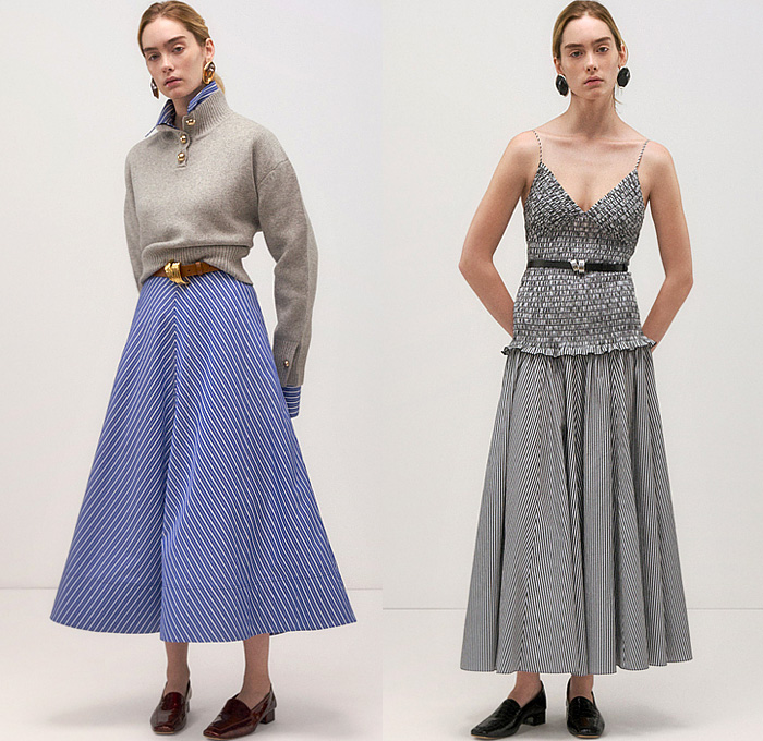 Brandon Maxwell 2025 Pre-Fall Autumn Womens Lookbook - Denim Jeans Motorcycle Biker Jacket Pockets Cinch Clip Pleats Clipped Wrinkles Sheer Blouse Skirt Midi Skirt Stripes Pinstripe Knit Sweater Jumper Turtleneck Noodle Strap One Shoulder Blazer Pantsuit Gradient Draped Neck Maxi Dress Slit Front Banded Collar