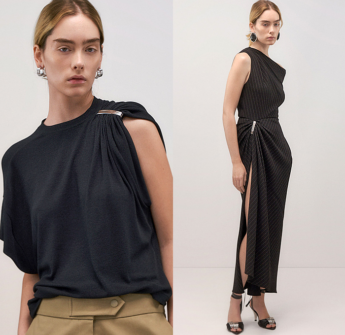 Brandon Maxwell 2025 Pre-Fall Autumn Womens Lookbook - Denim Jeans Motorcycle Biker Jacket Pockets Cinch Clip Pleats Clipped Wrinkles Sheer Blouse Skirt Midi Skirt Stripes Pinstripe Knit Sweater Jumper Turtleneck Noodle Strap One Shoulder Blazer Pantsuit Gradient Draped Neck Maxi Dress Slit Front Banded Collar