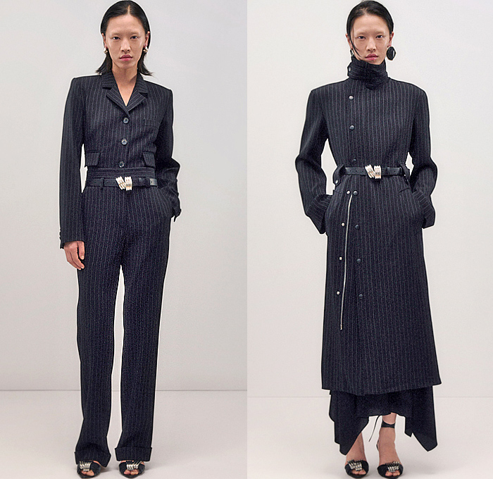 Brandon Maxwell 2025 Pre-Fall Autumn Womens Lookbook - Denim Jeans Motorcycle Biker Jacket Pockets Cinch Clip Pleats Clipped Wrinkles Sheer Blouse Skirt Midi Skirt Stripes Pinstripe Knit Sweater Jumper Turtleneck Noodle Strap One Shoulder Blazer Pantsuit Gradient Draped Neck Maxi Dress Slit Front Banded Collar