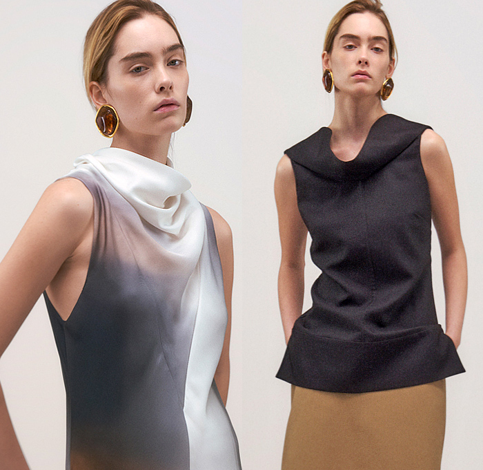 Brandon Maxwell 2025 Pre-Fall Autumn Womens Lookbook - Denim Jeans Motorcycle Biker Jacket Pockets Cinch Clip Pleats Clipped Wrinkles Sheer Blouse Skirt Midi Skirt Stripes Pinstripe Knit Sweater Jumper Turtleneck Noodle Strap One Shoulder Blazer Pantsuit Gradient Draped Neck Maxi Dress Slit Front Banded Collar